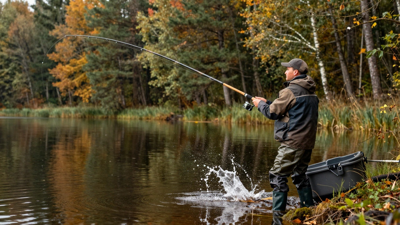 Рыбак забрасывает спиннинг на озере осенью.