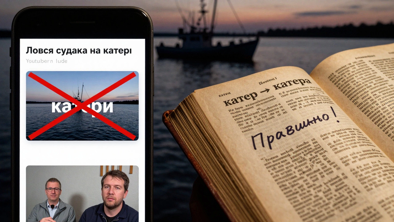 Слева — ошибка 'катеры' на экране, справа — правильная форма в словаре.