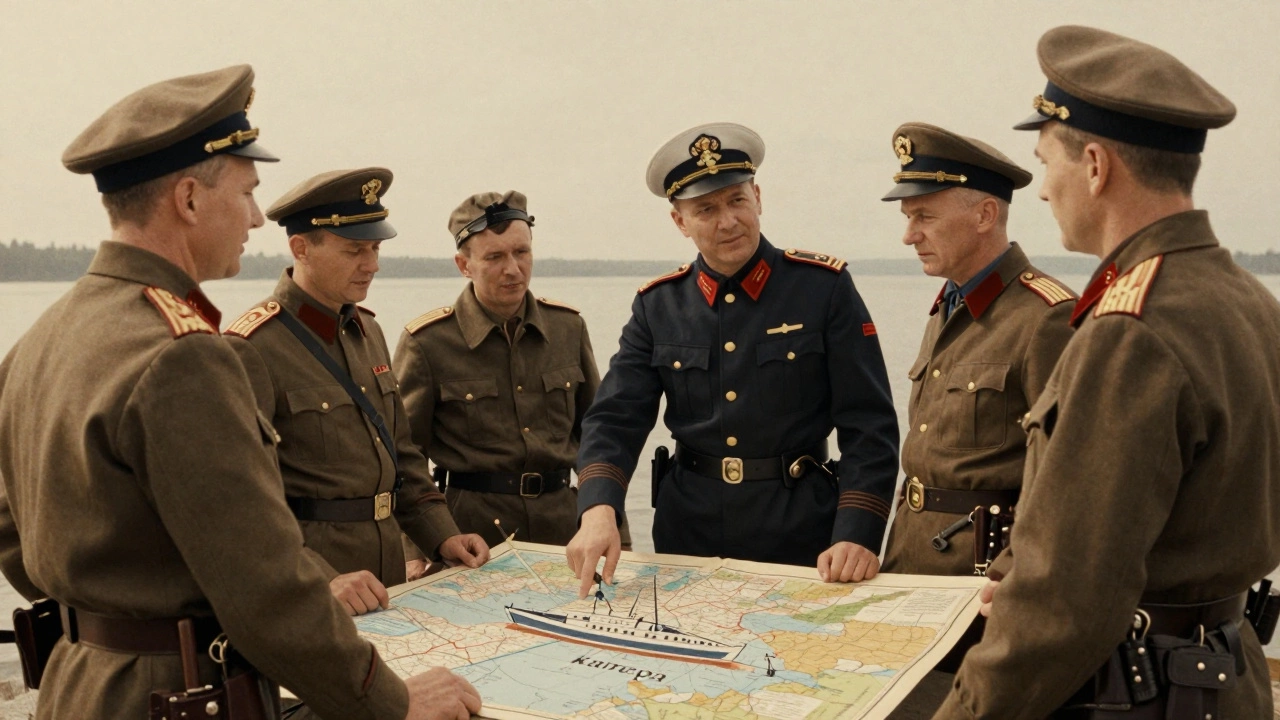 Советские моряки и рыбаки изучают карту с обозначением катера в стиле 1960-х.