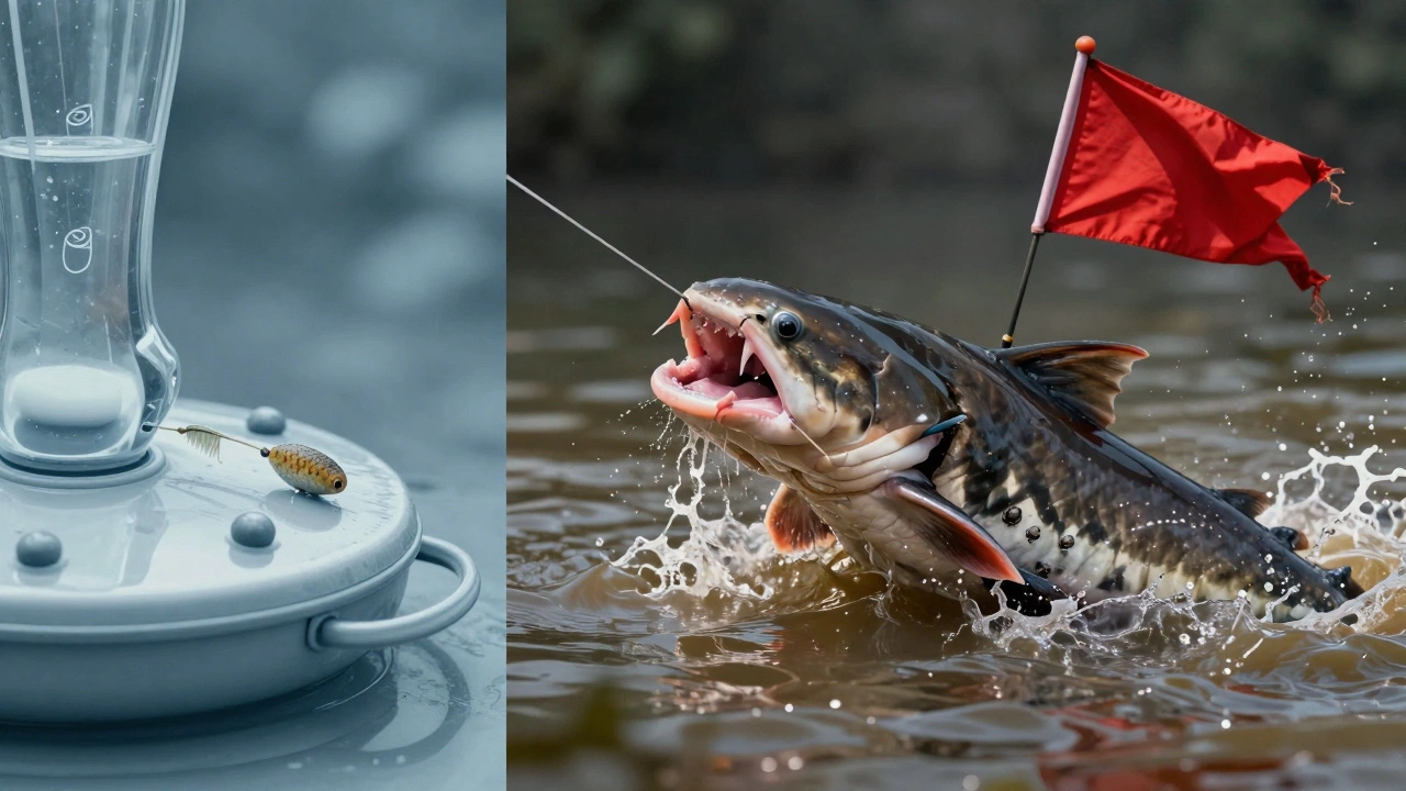 Сравнение фидера и донки: слева — тонкая поклевка карася, справа — сом рвет леску, мощный рывок.