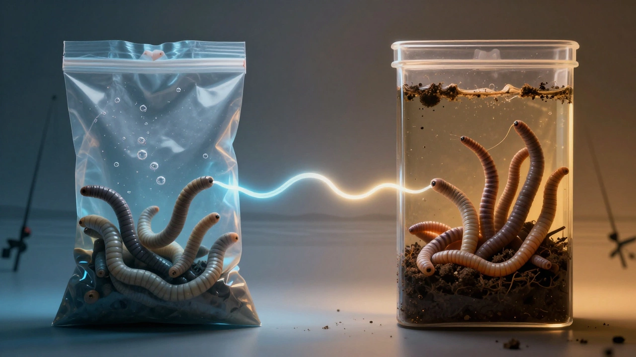 Сравнение живых и мертвых червей: справа — активные в влажной среде, слева — безжизненные в пакете.