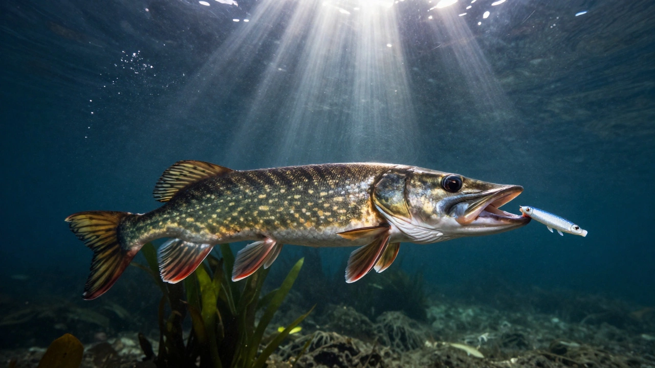 Щука атакует искусственную приманку под водой, солнечные лучи и следы запаха.