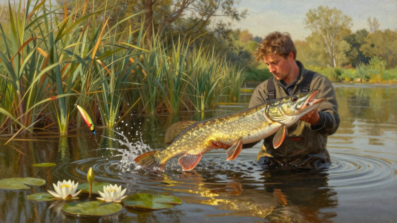 Щука атакует приманку на мелководье в мае, солнечный рассвет, водные растения и рыбак с пойманной рыбой.