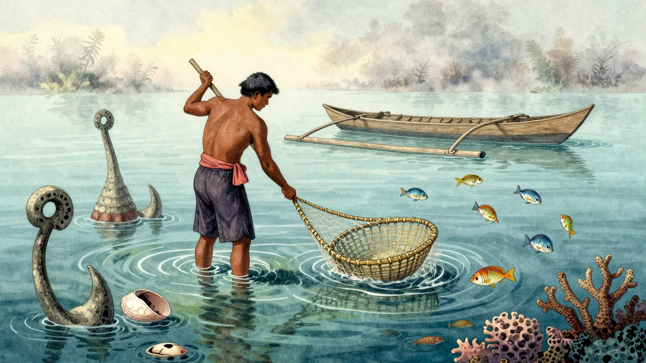 Традиционный индонезийский рыбак с плетёной сетью в лагуне, вокруг него — древние крючки и рыбы.