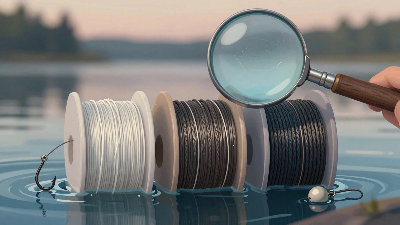 Три типа рыболовных лесок: монофил, флюорокарбон и плетенка, рядом крючок и грузило.