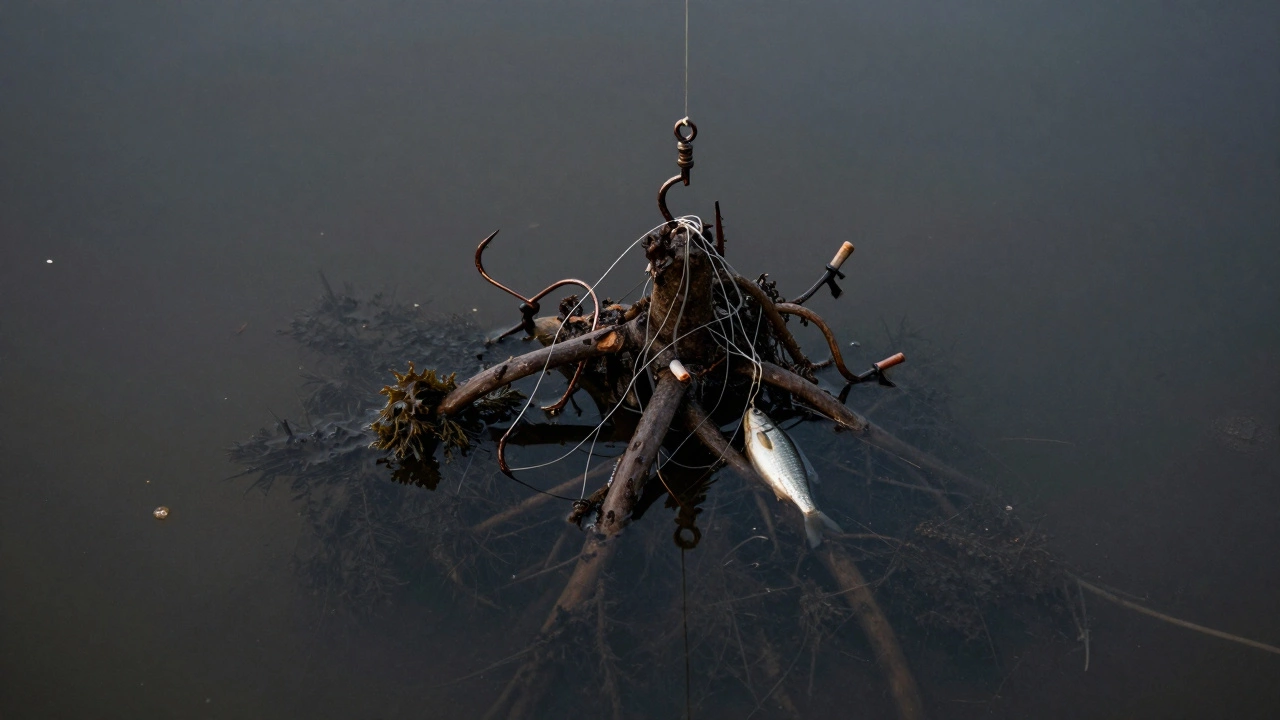 Запутавшаяся снасть с крючками зацепилась за коряги на дне реки.