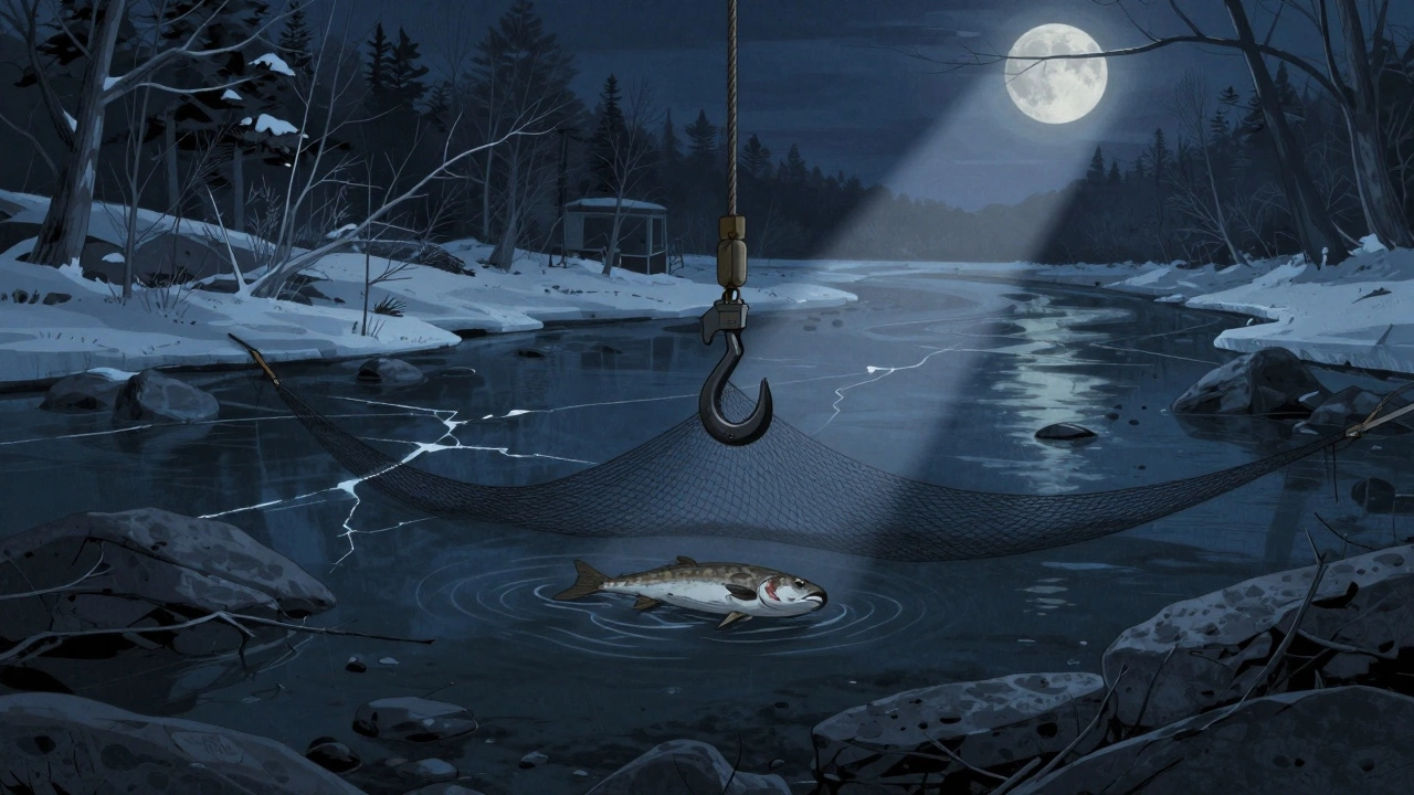 Зимняя ловушка с живцом над каменистым дном реки под лунным светом сквозь лёд.