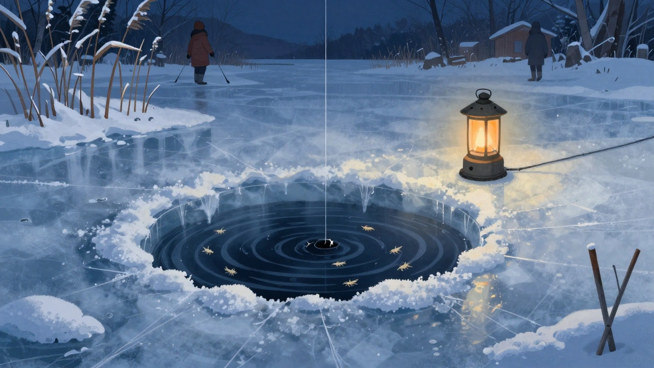 Зимняя рыбалка на льду: через лунку видны мотыль и фонарь.