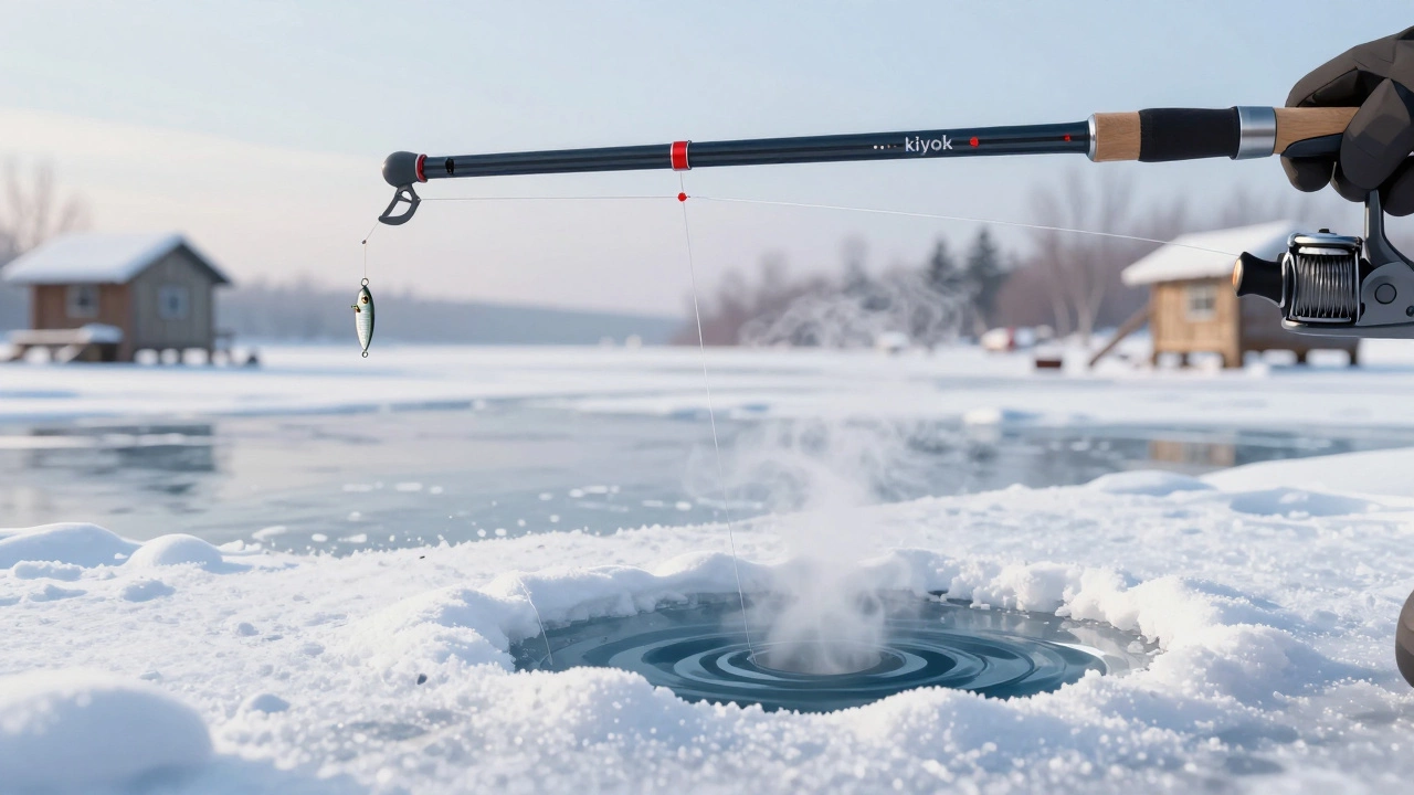 Зимняя рыбалка на льду: ледяное отверстие, кивок и мормышка на леске.