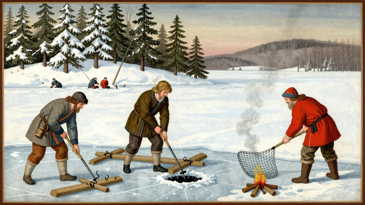 Зимняя рыбалка на льду: мужчины сверлят лунки и ставят жерлицы с крючками.