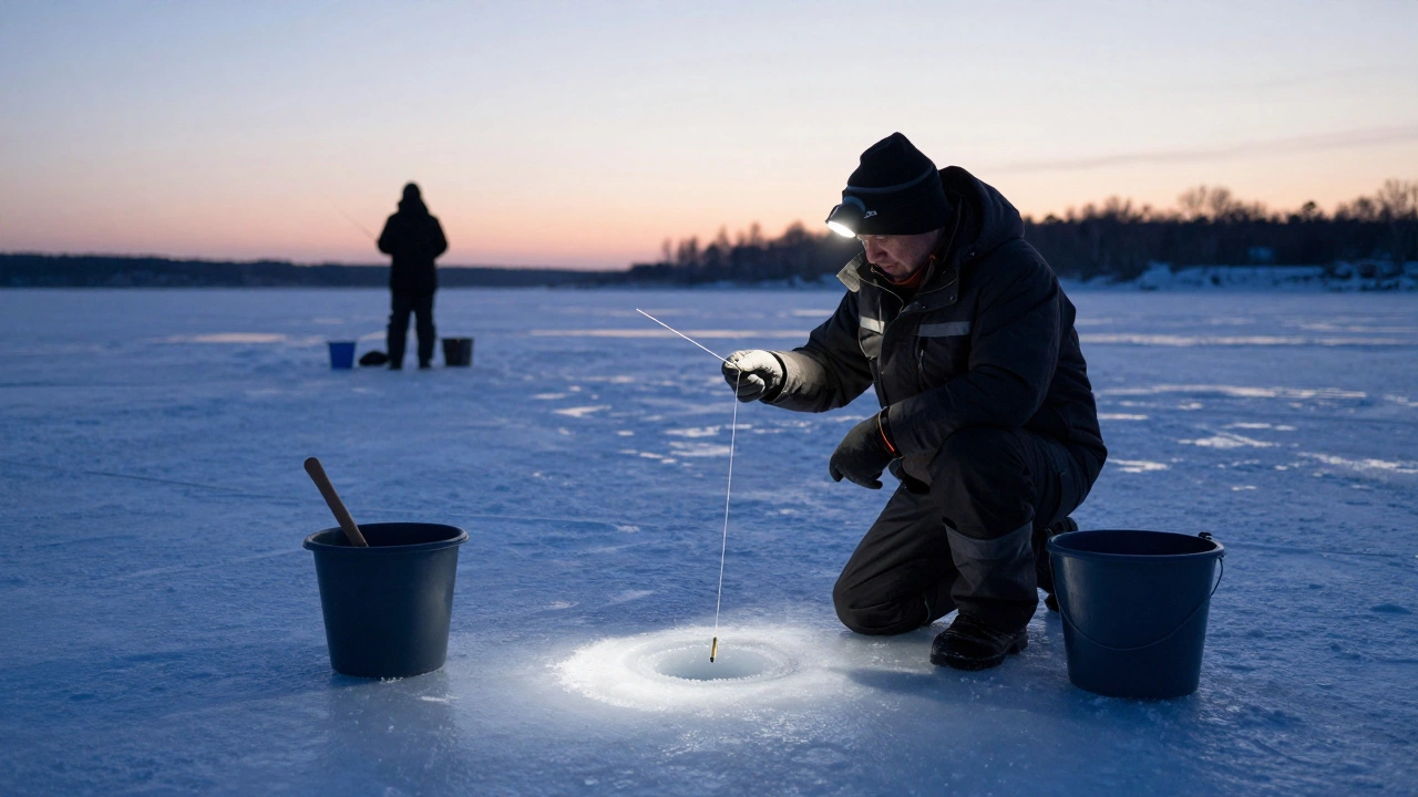 Зимняя рыбалка на льду: рыбак с мормышкой у лунки при сумерках