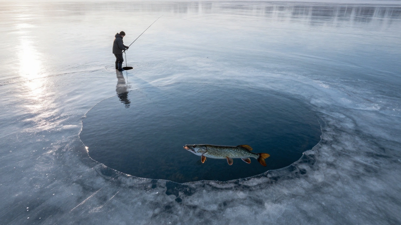 Зимой подо льдом щука медленно приближается к балансиру в прозрачной воде у подводного борта.