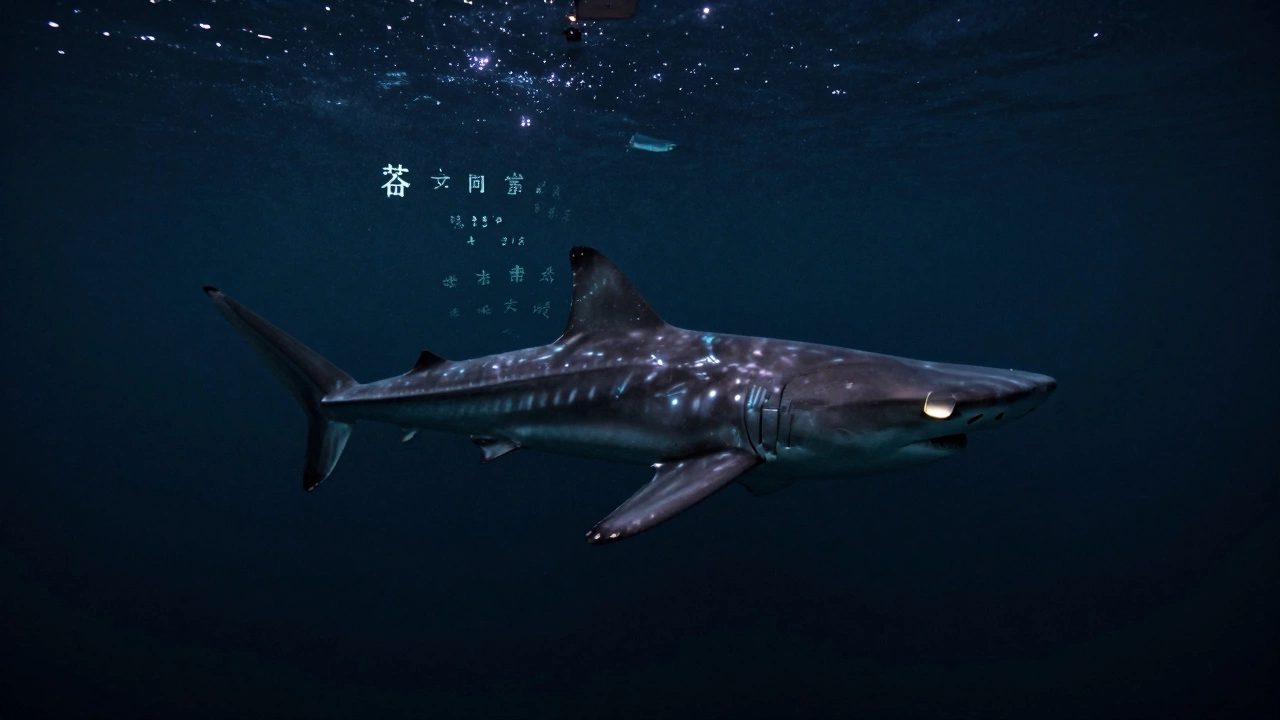 Акула-молот в тёмных глубинах океана, её плавник светится, а вокруг растворяются китайские иероглифы.
