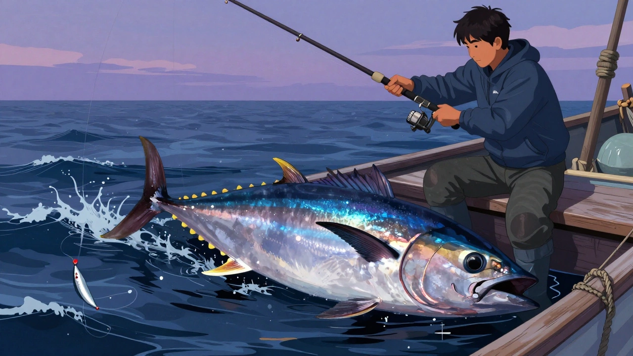 Японский рыбак в лодке вытаскивает огромного синего тунца на длинной леске при закате.
