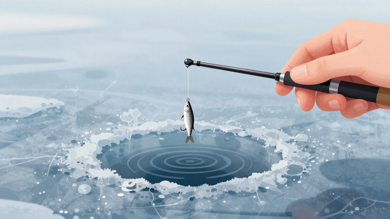 Ближний план руки с тонкой зимней удочкой и мелким крючком над ледяной лункой.