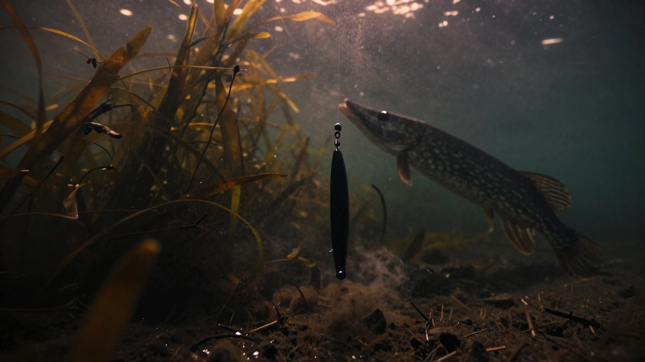 Чёрная приманка в тёмной мутной воде среди водорослей, щука в тени.
