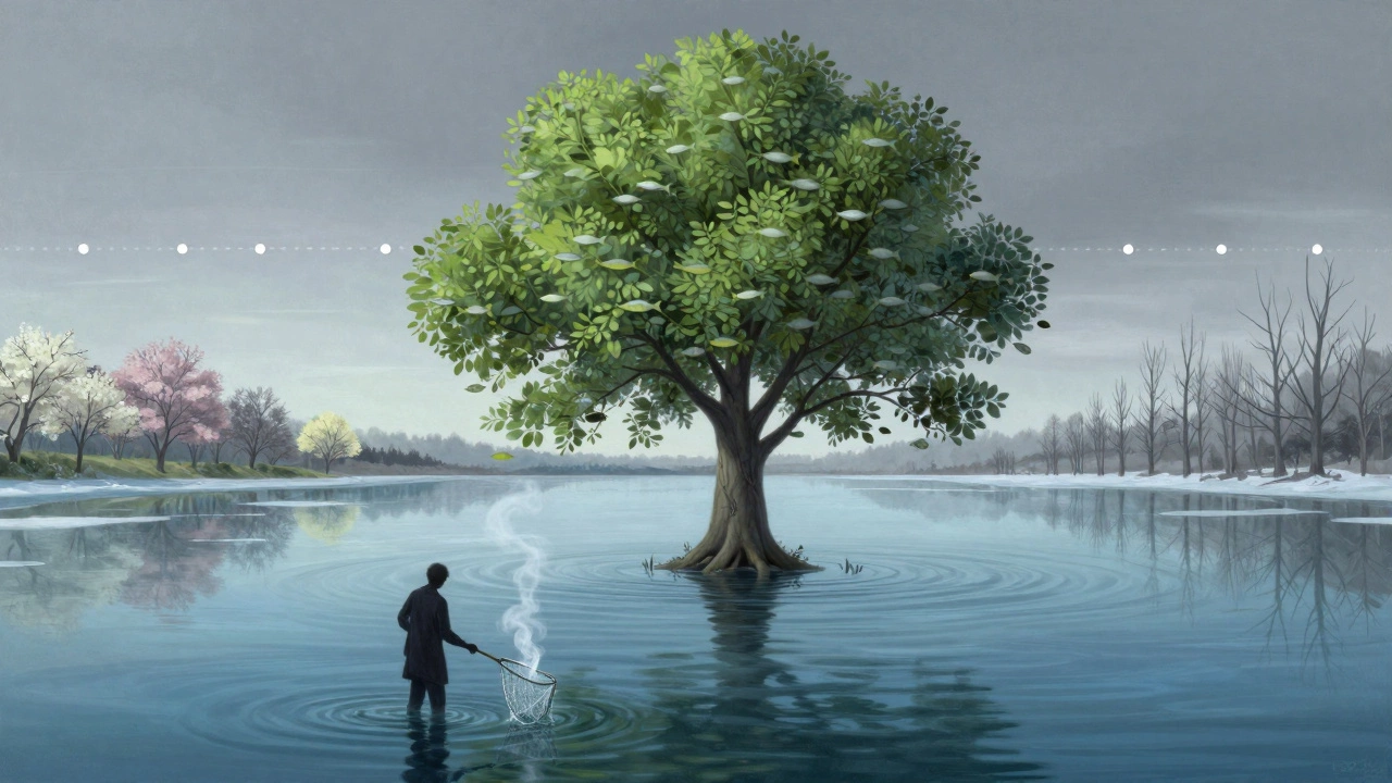 Дерево с рыбами вместо листьев растёт из озера, сеть растворяется в дыму — символ экологического ущерба.