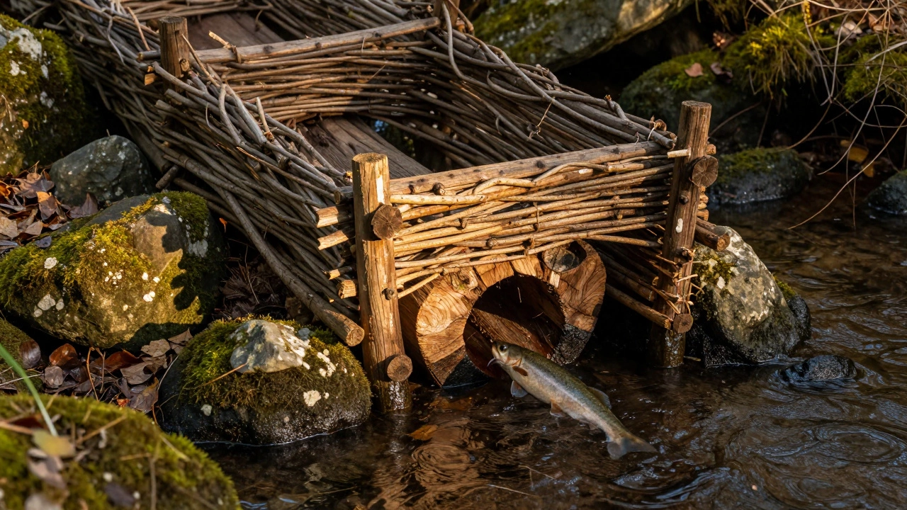 Древняя рыболовная запруда из веток и камней перегораживает ручей, рыба заходит в ловушку.