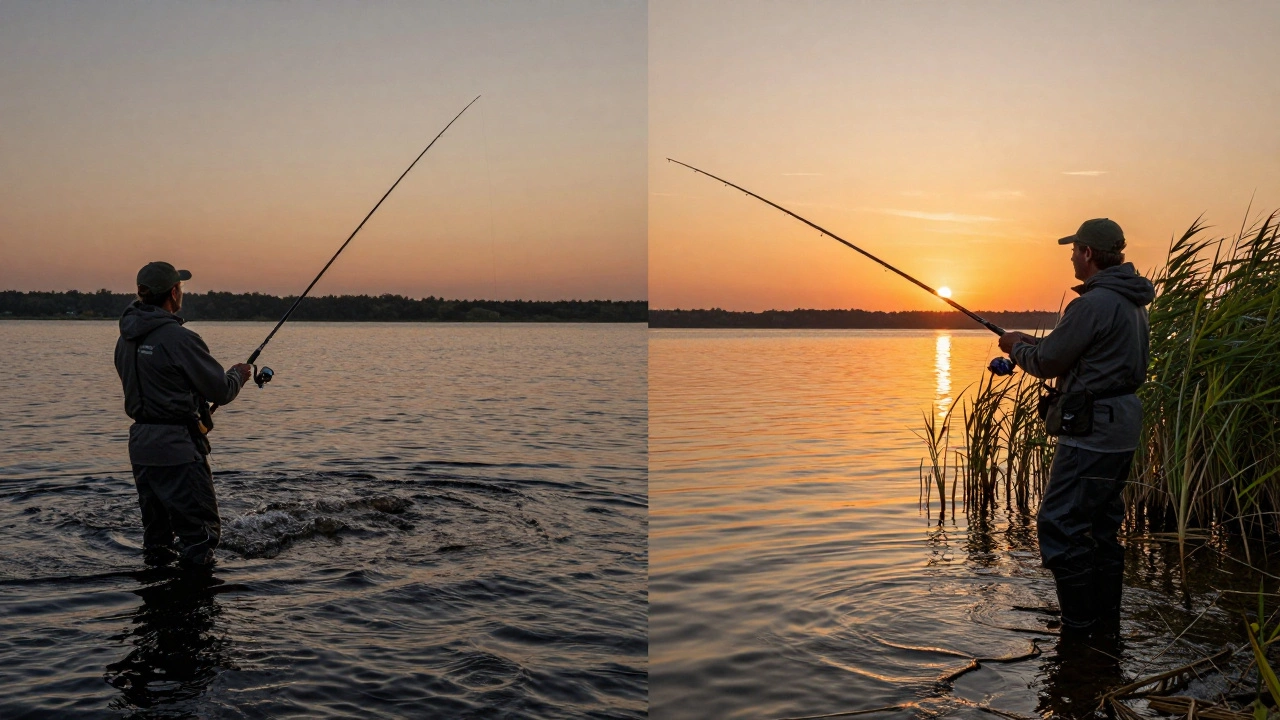 Два рыбака ловят одновременно: один на фидере в глубине, другой на пикере у берега.