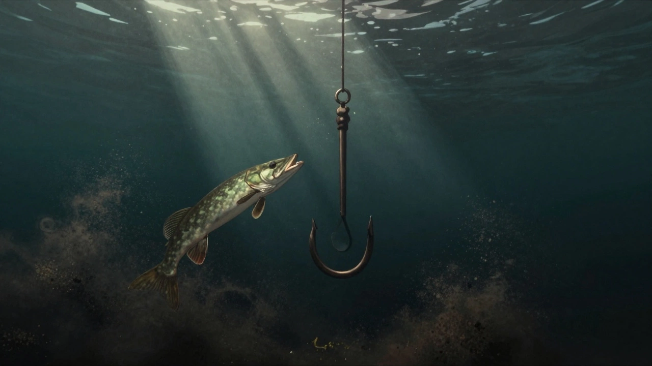Голый крючок с грузом медленно поднимается в глубокой воде, окунь и щука атакуют его.