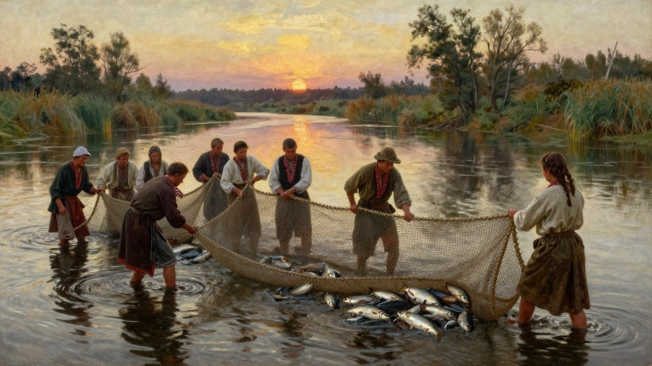 Группа людей тянет рыболовную сеть невод по реке на рассвете в древние времена.
