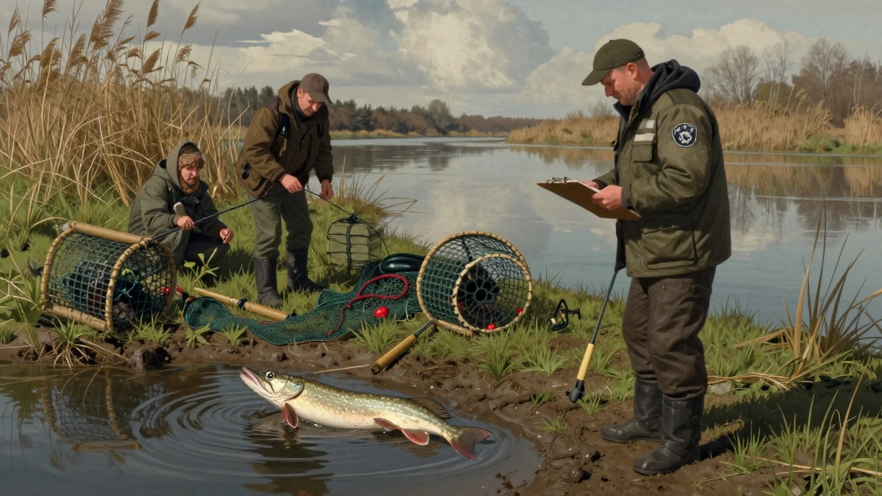 Инспектор наблюдает, как рыбаки отпускают щуку обратно в реку, вокруг — заброшенные снасти.