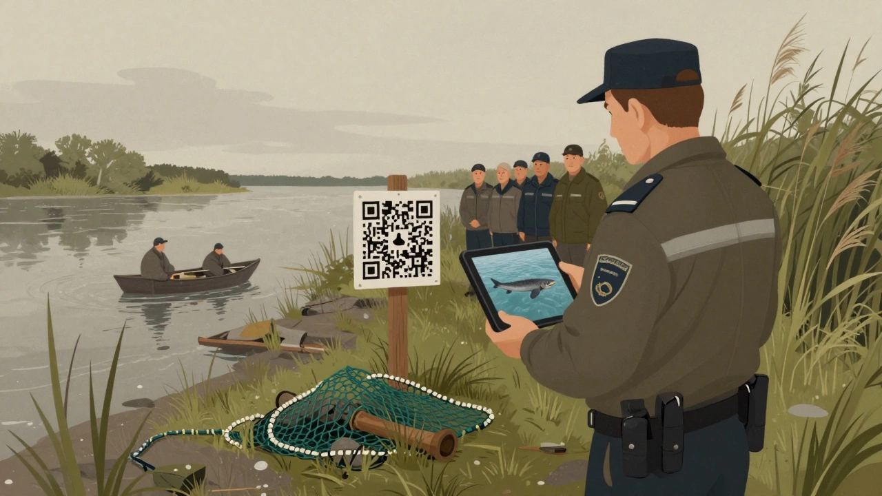 Инспектор Росрыболовства показывает фото запрещённой рыбы у таблички с QR-кодом.