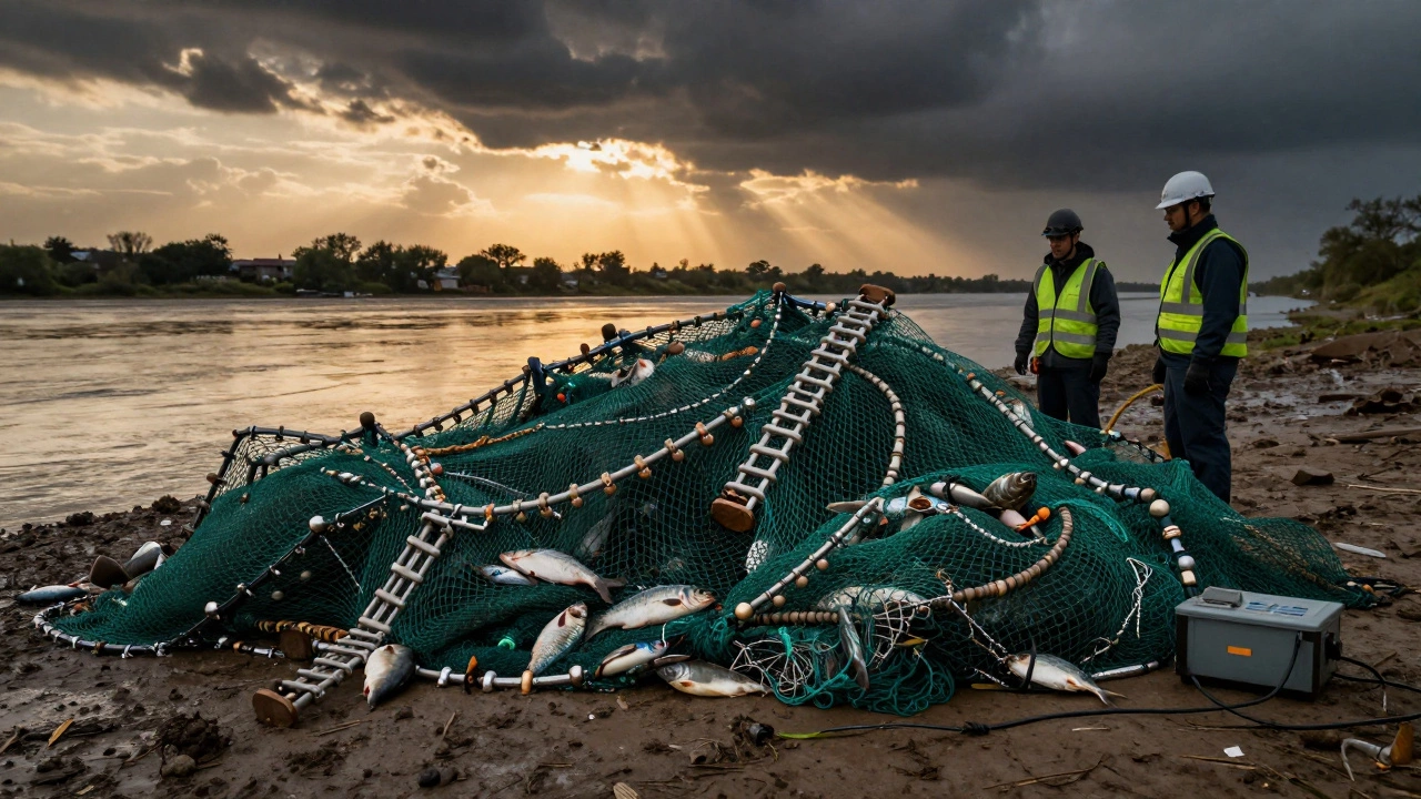 Инспекторы конфискуют запрещённые сети с электроприборами и многоярусными конструкциями на берегу реки.