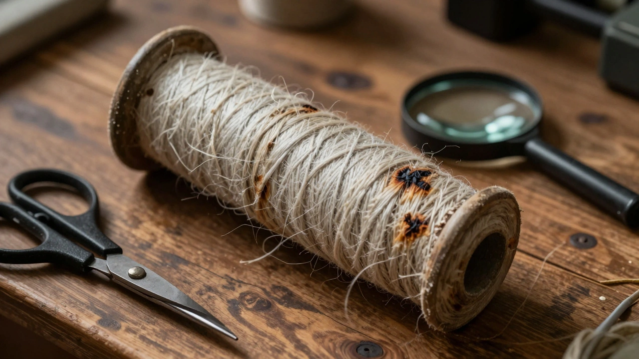 Изношенный репшнур на деревянном столе с признаками перегрева и износа.