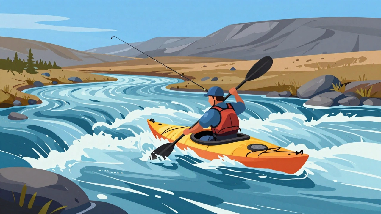 Каяк в северной реке с сильным течением, охота на сига