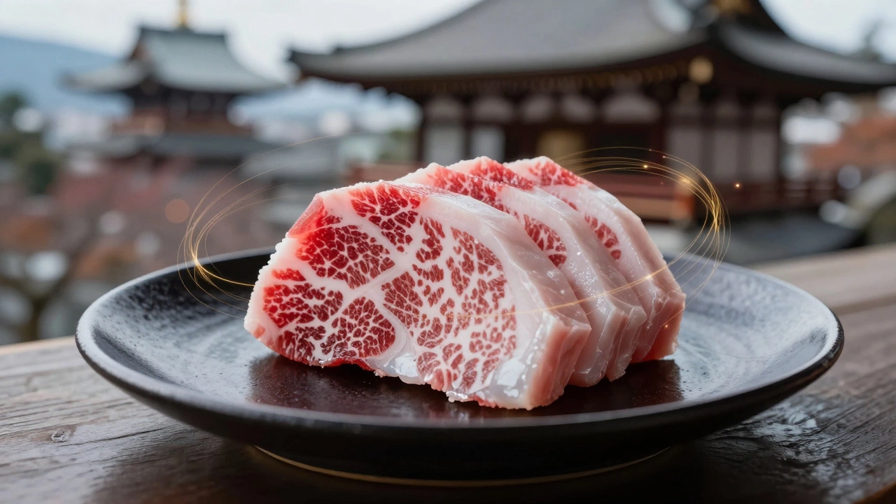 Ломтик сашими из сэби с мраморными прожилками жира на чёрной тарелке, вокруг — символы миграции.