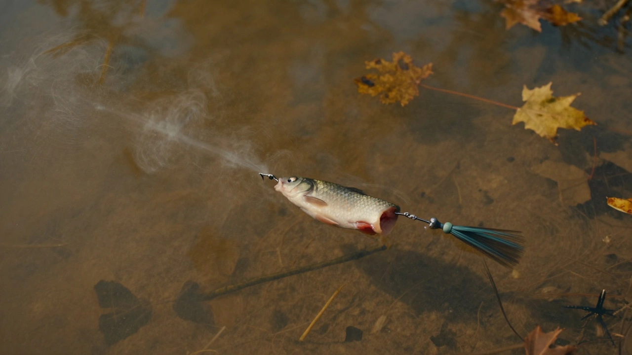 На донке крючок с кусочком рыбы и силиконовым хвостиком, в тихой мутной воде осенью.