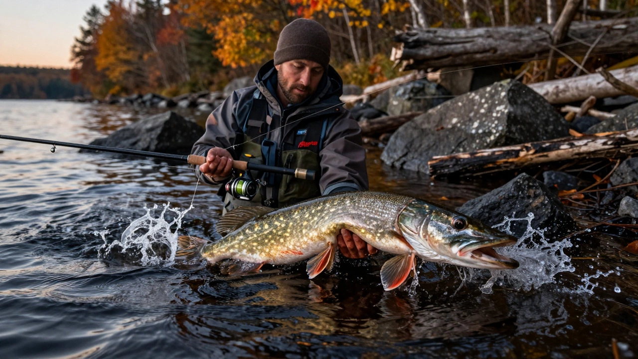 Осенью рыбак вываживает щуку из глубокой ямы, чувствуя каждый рывок через плетеный шнур на изогнутом удилище.