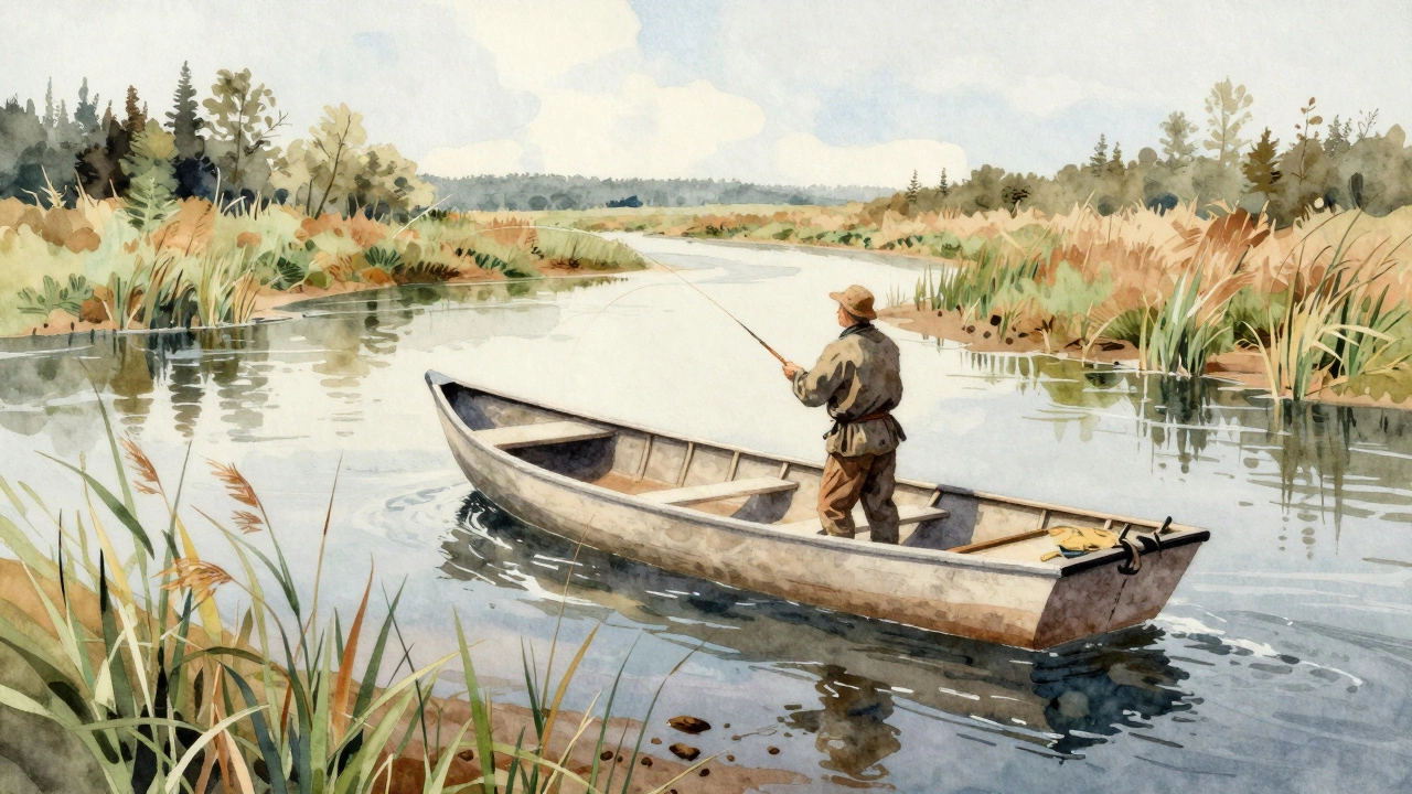 Плоскодонка в мелкой сибирской реке, ловля щуки среди тростника