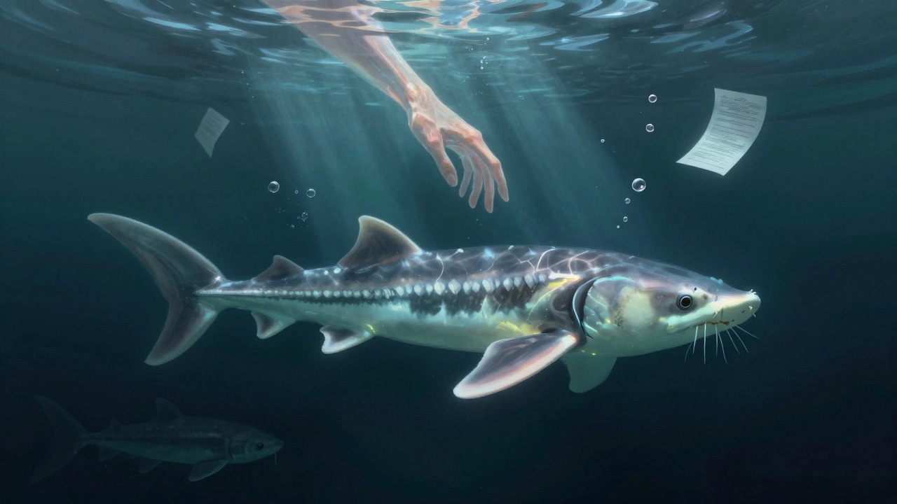 Под водой плавают гигантские редкие рыбы, а сверху рука мягко отпускает их.