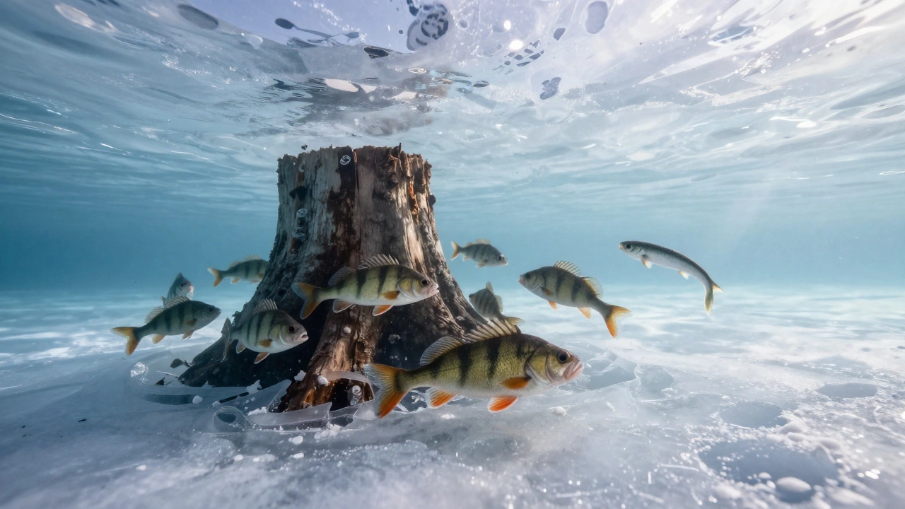 Подводный вид под льдом: рыба плывет у затопленного дерева, свет проникает сквозь лед.