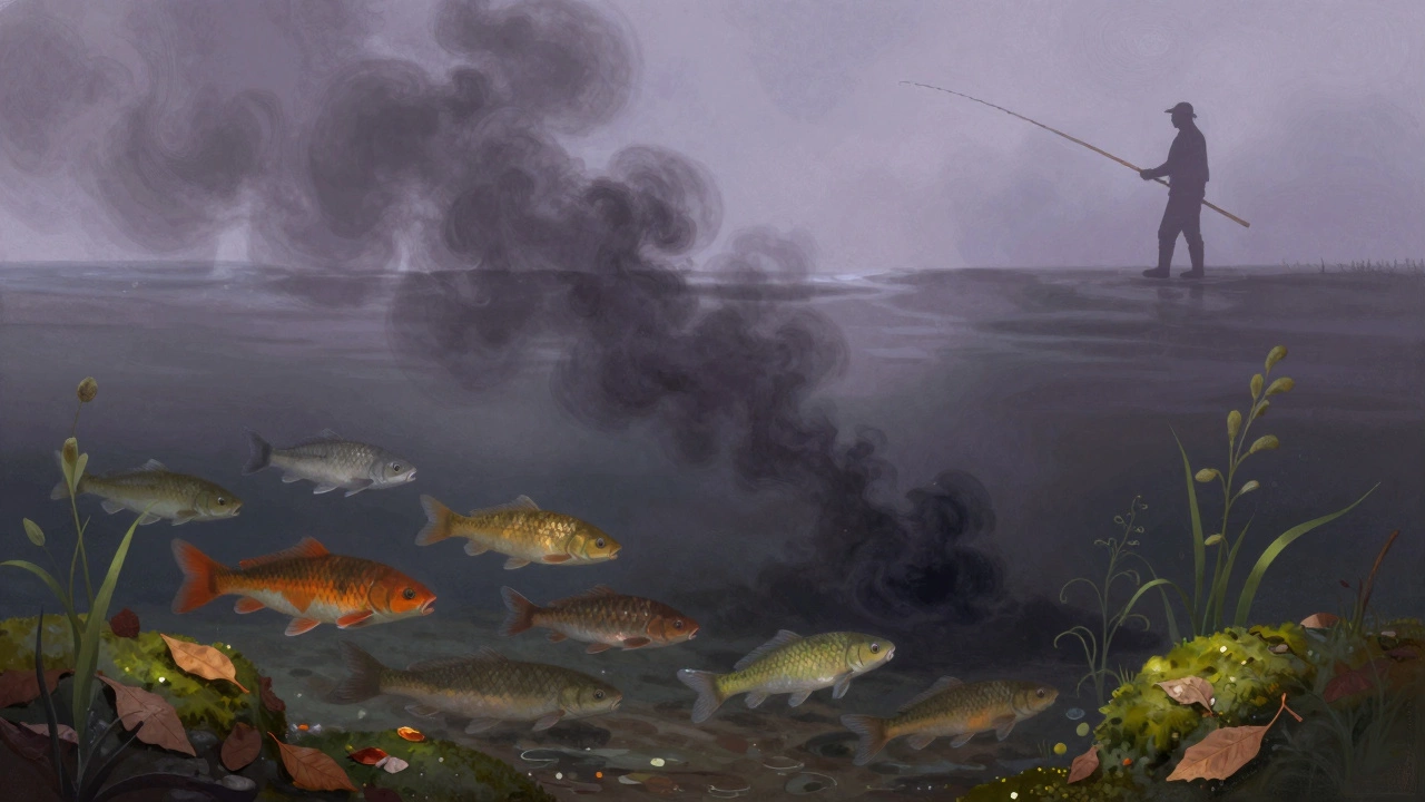 Подводный вид: рыба уплывает от загрязненного запаха, вдали — рыбак с удочкой.