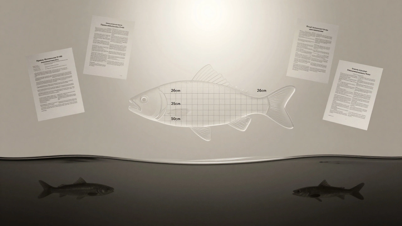 Прозрачный силуэт рыбы с нанесёнными законными размерами на фоне водной глади.