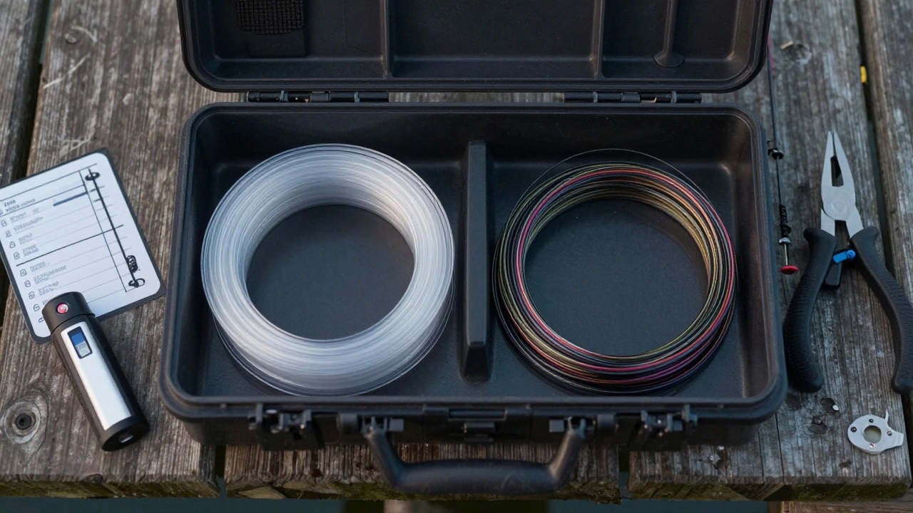 Разложенные на доке леска и шнур — сравнение материалов для ловли щуки с инструментами для проверки снасти.