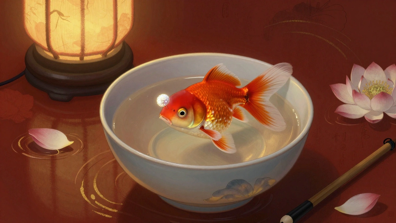 Редкая золотая рыбка с пуховидными наростами на носу в керамической чаше, освещённая тёплым светом лампад.