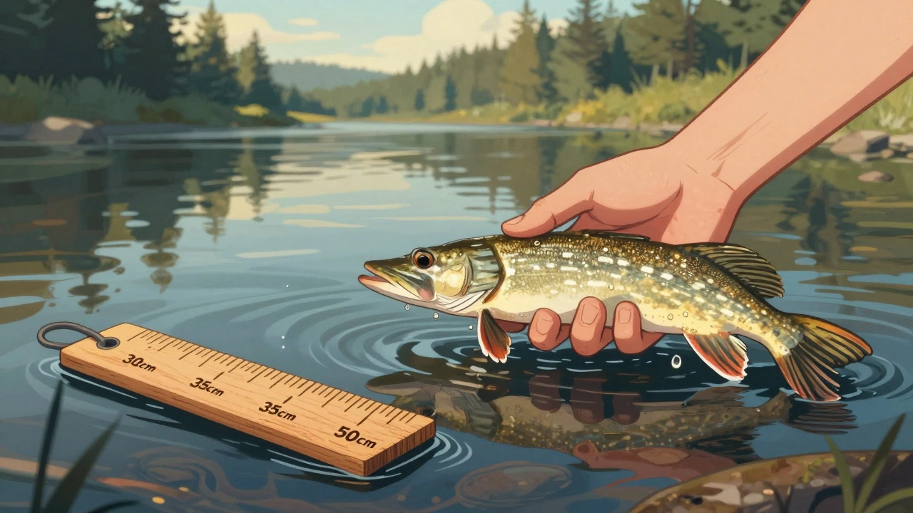 Рука отпускает щуку обратно в воду, рядом плавает измерительная доска.