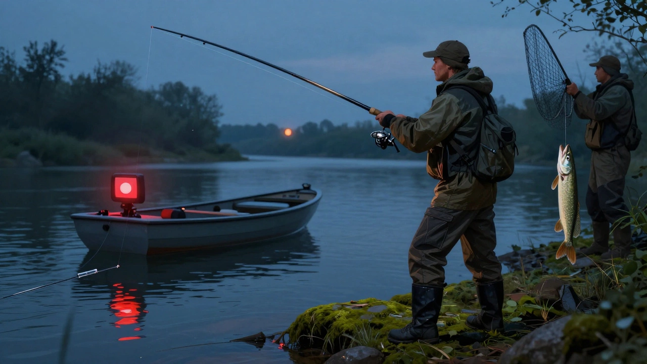 Рыбак на берегу реки ловит щуку с использованием плетёного шнура и сачка, на фоне тёплого заката.