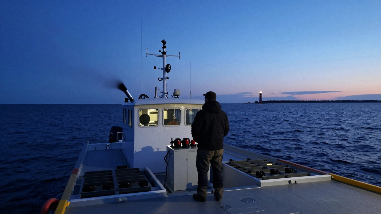 Рыбак на катере смотрит на закат, за ним — лодка, снасти и тихие волны вечернего побережья.