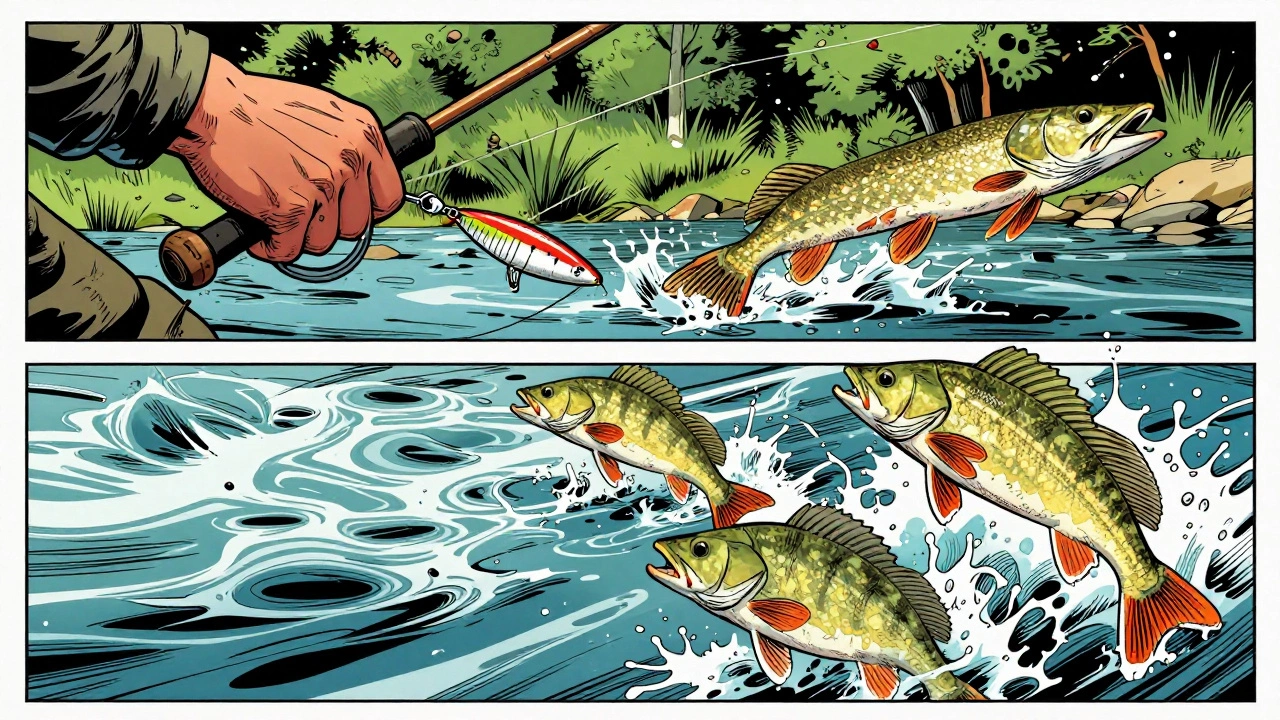 Рыбак забрасывает блесну в быструю реку, несколько хищных рыб бросаются на приманку в динамичной сцене.