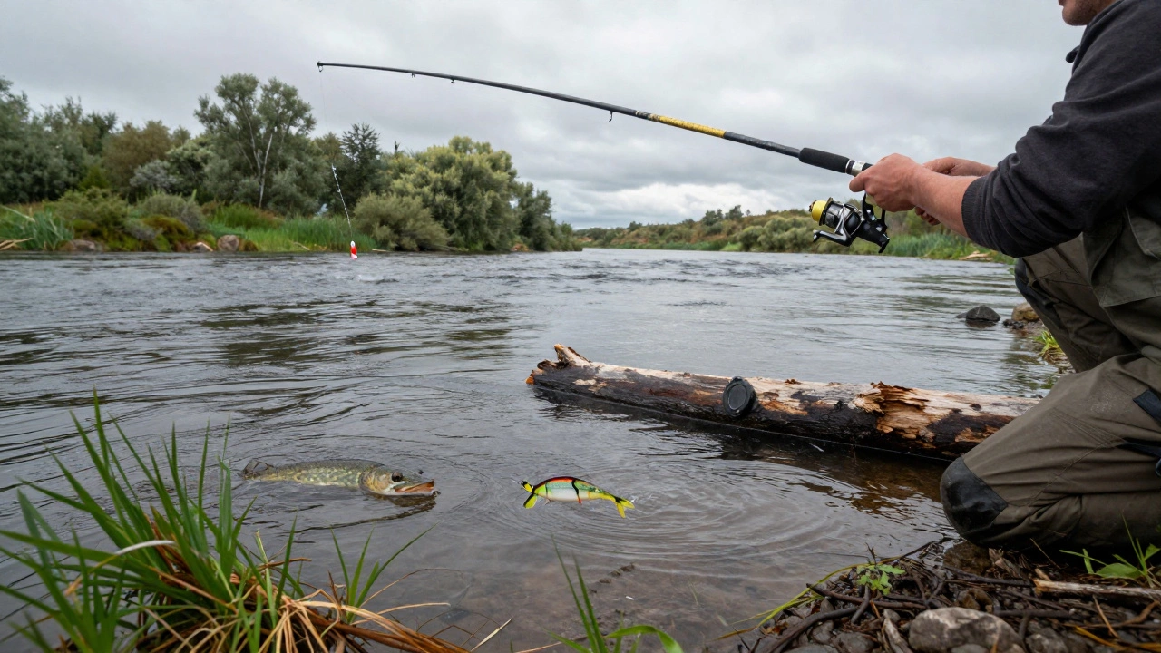 Рыбак забрасывает спиннинг с блесной в реку, пытаясь поймать щуку или окуня в России.