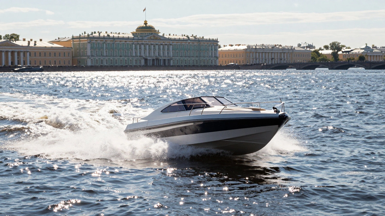 Скоростная лодка на Неве в Санкт-Петербурге с историческими зданиями
