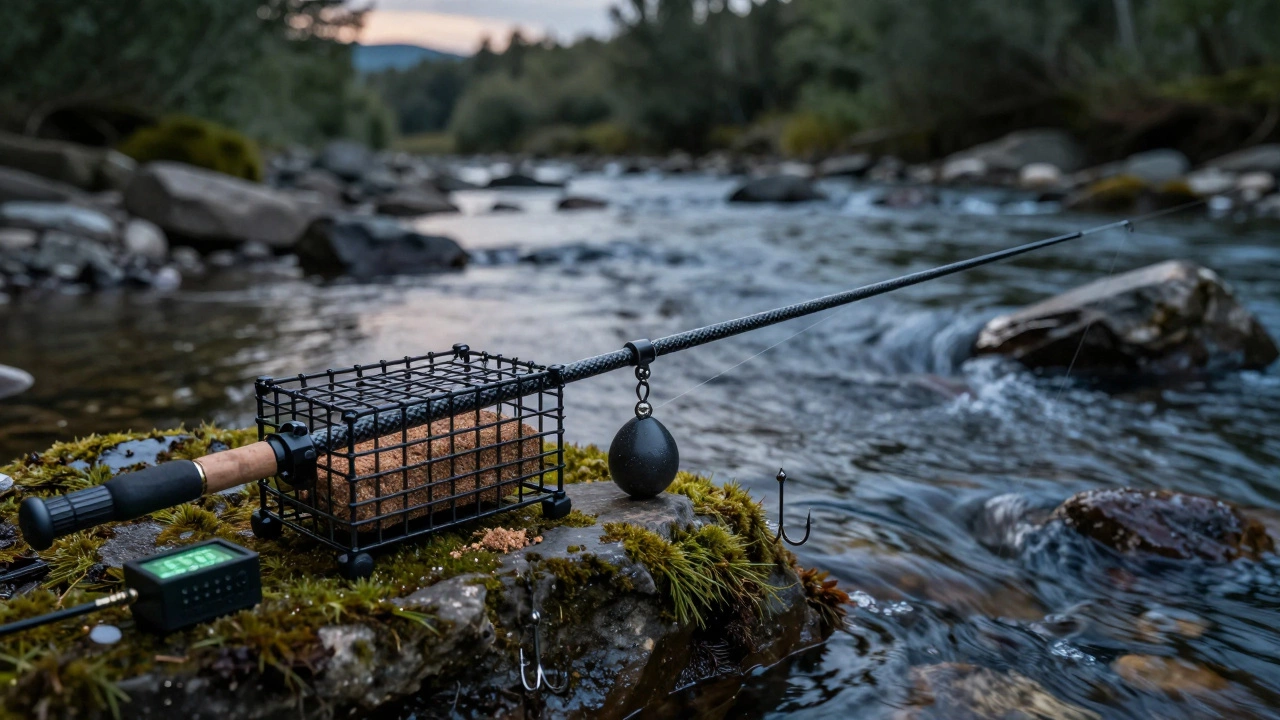 Современная фидерная снасть с кормушкой и индикатором поклевки на берегу реки в сумерках.