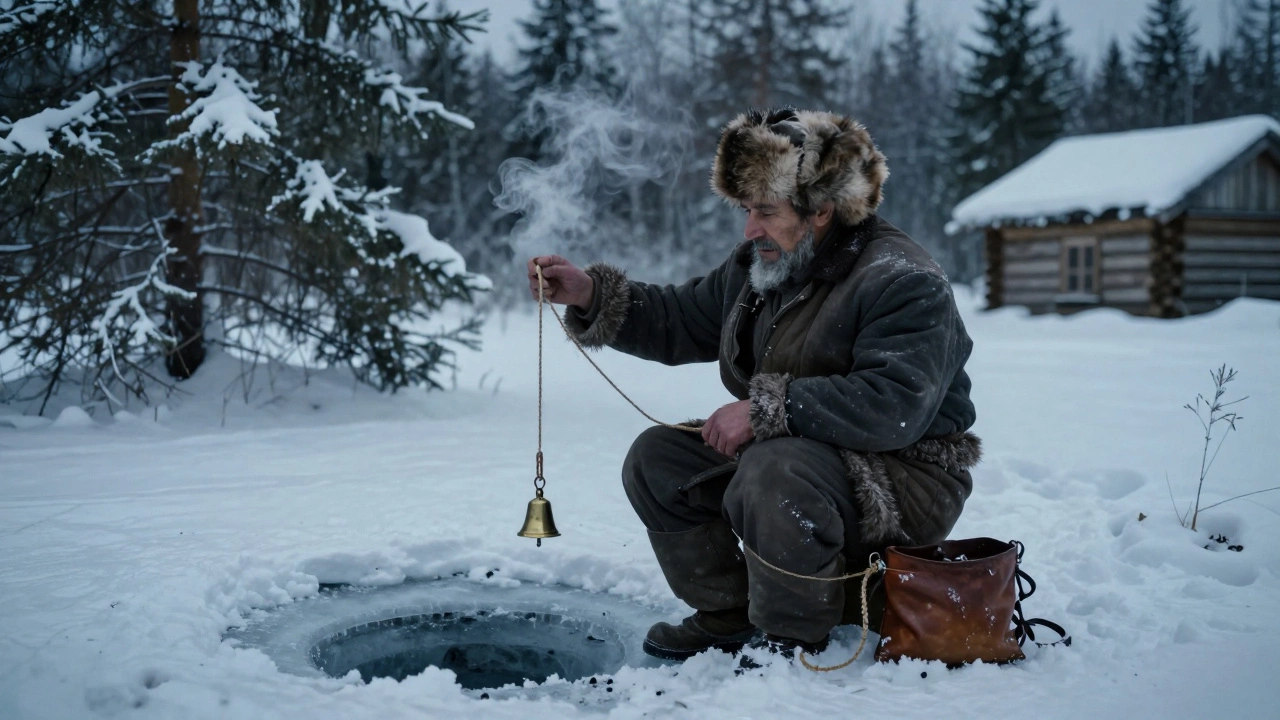 Старик ловит рыбу через ледяную пробоину зимой, на леске — костяной крючок и колокольчик.