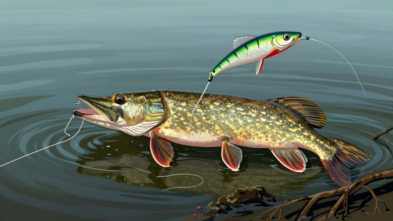 Щука атакует блесну, репшнур обрывается, а основная леска остаётся целой.