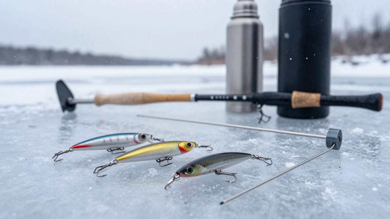 Три зимних приманки для щуки с поводком и крючком на фоне снежного ландшафта.